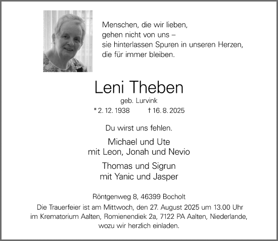 Traueranzeige von Leni Theben von Bocholter Borkener Volksblatt