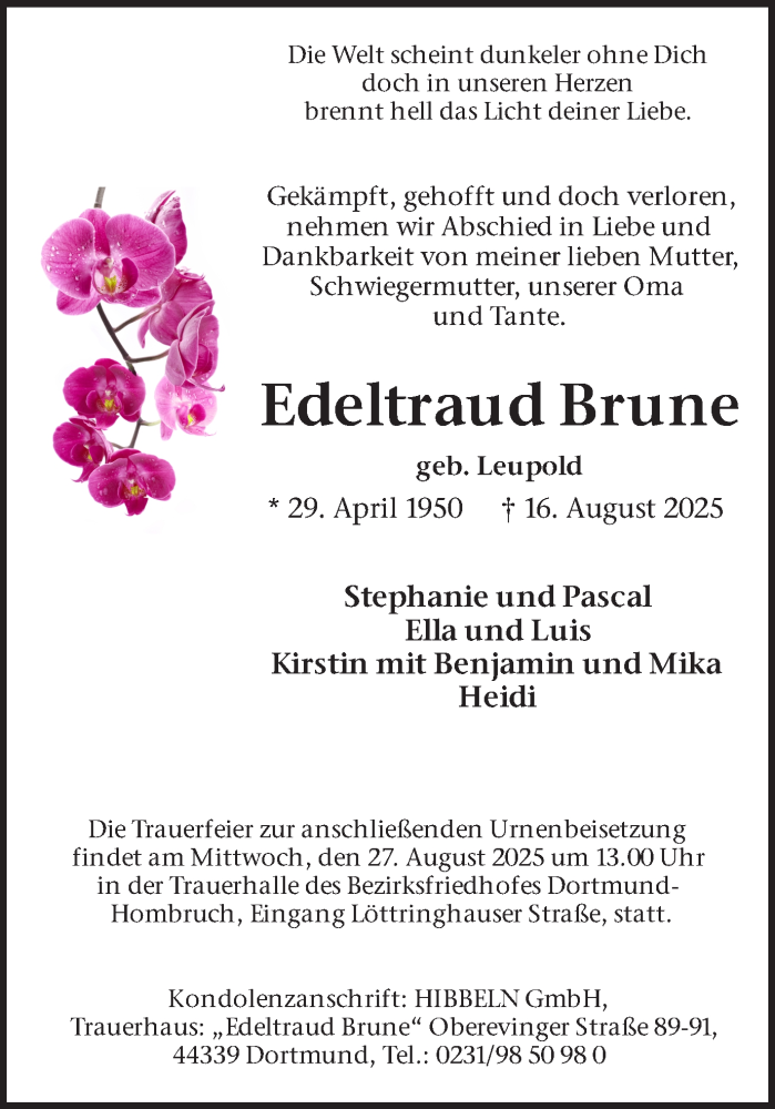  Traueranzeige für Edeltraud Brune vom 23.08.2025 aus Ruhr Nachrichten