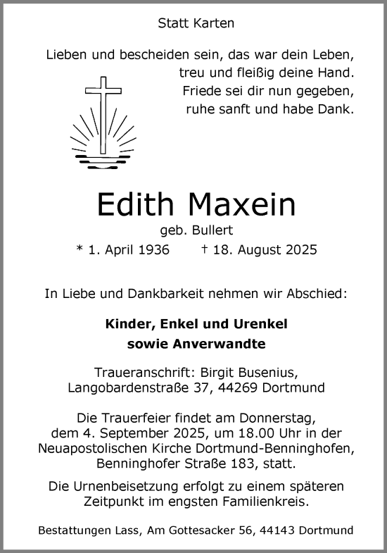 Traueranzeige von Edith Maxein von Ruhr Nachrichten