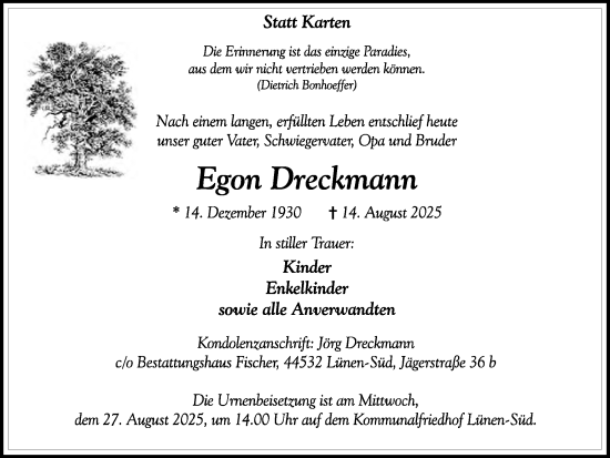 Traueranzeige von Egon Dreckmann von Lüner Anzeiger