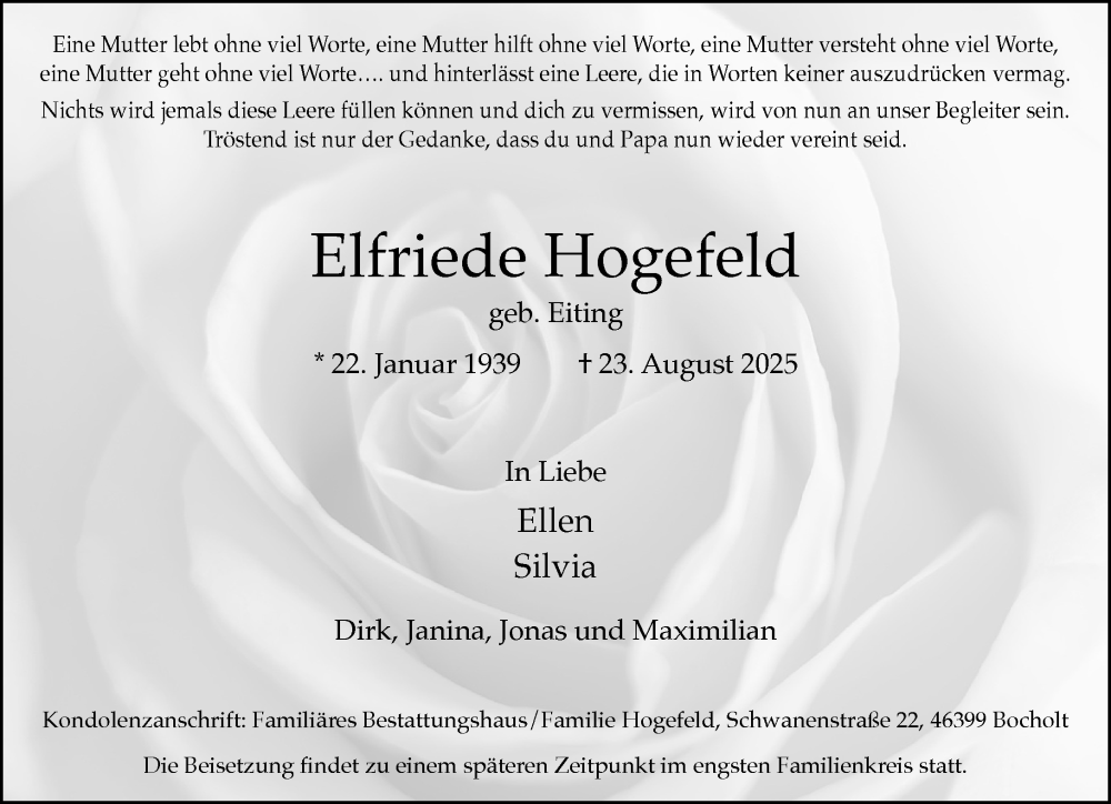  Traueranzeige für Elfriede Hogefeld vom 30.08.2025 aus 