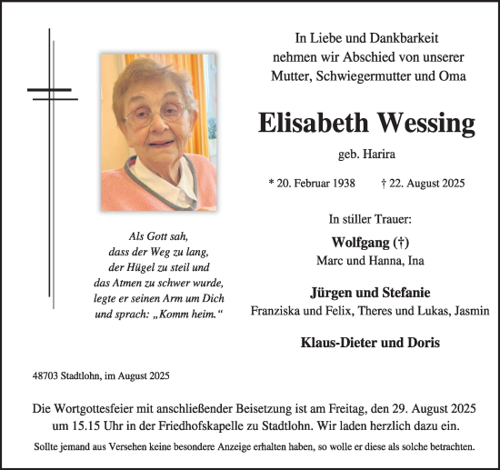Traueranzeige von Elisabeth Wessing von Münsterland Zeitung