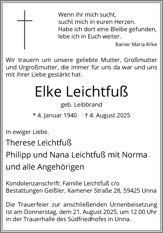 Traueranzeige von Elke Leichtfuß von Hellweger Anzeiger
