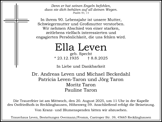 Traueranzeige von Ella Leven von Trauer Vest