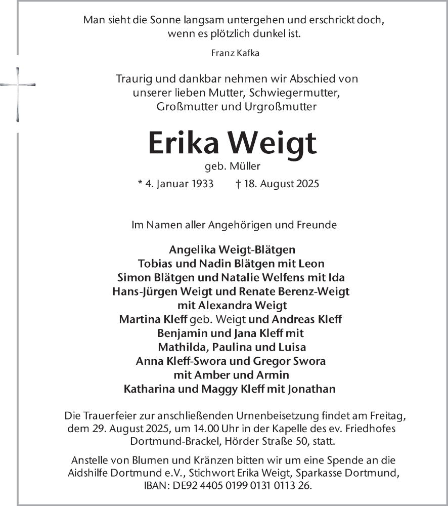  Traueranzeige für Erika Weigt vom 23.08.2025 aus Ruhr Nachrichten