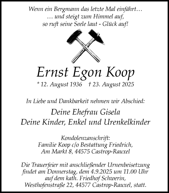 Traueranzeige von Ernst Egon Koop von Stadtanzeiger Castrop-Rauxel