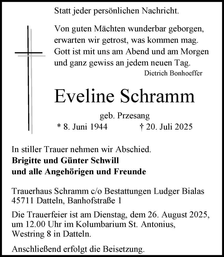  Traueranzeige für Eveline Schramm vom 20.08.2025 aus Ruhr Nachrichten