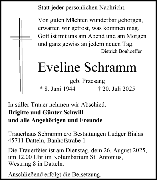 Traueranzeige von Eveline Schramm von Ruhr Nachrichten