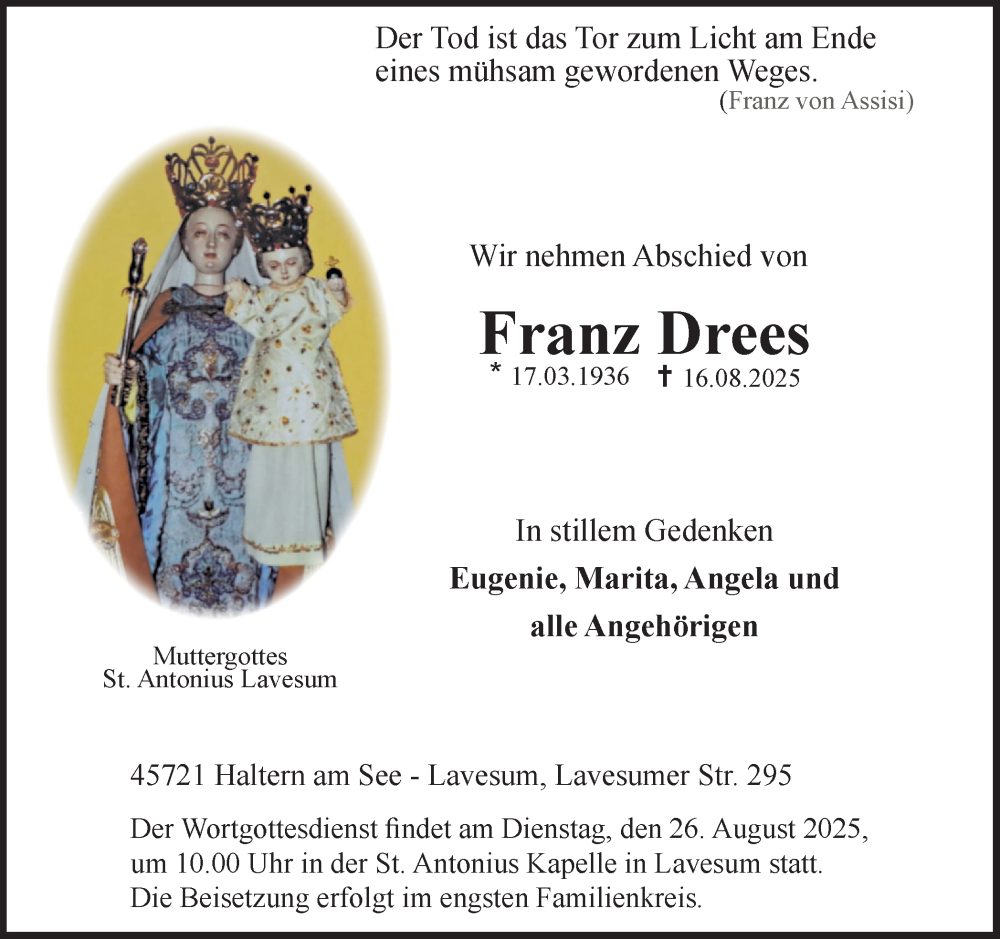  Traueranzeige für Franz Drees vom 20.08.2025 aus Ruhr Nachrichten und Halterner Zeitung