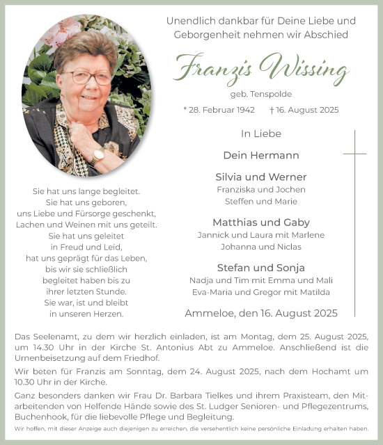 Traueranzeige von Franzis Wissing von Münsterland Zeitung