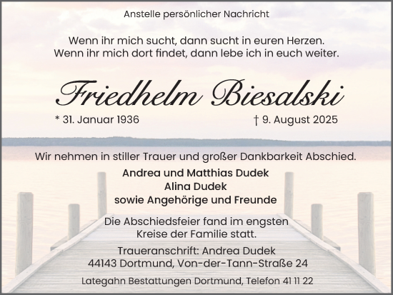Traueranzeige von Friedhelm Biesalski von Ruhr Nachrichten