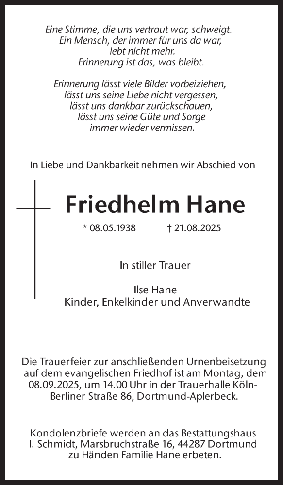  Traueranzeige für Friedhelm Hane vom 30.08.2025 aus Ruhr Nachrichten