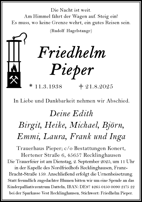 Traueranzeige von Friedhelm Pieper von Trauer Vest