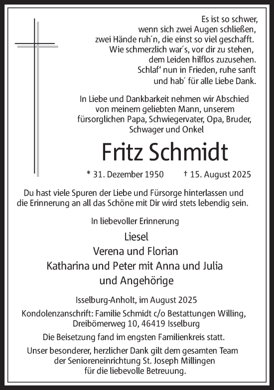 Traueranzeige von Fritz Schmidt 