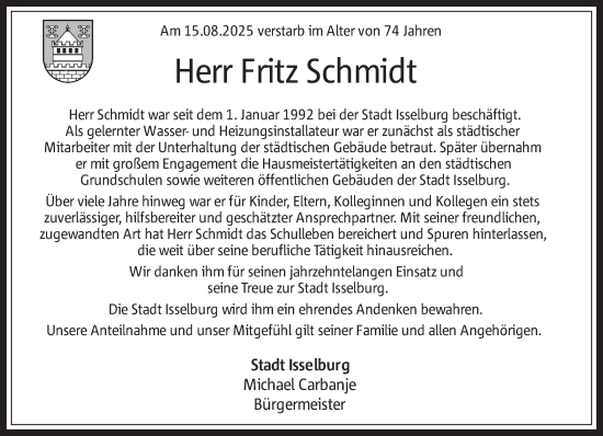 Traueranzeige von Fritz Schmidt 