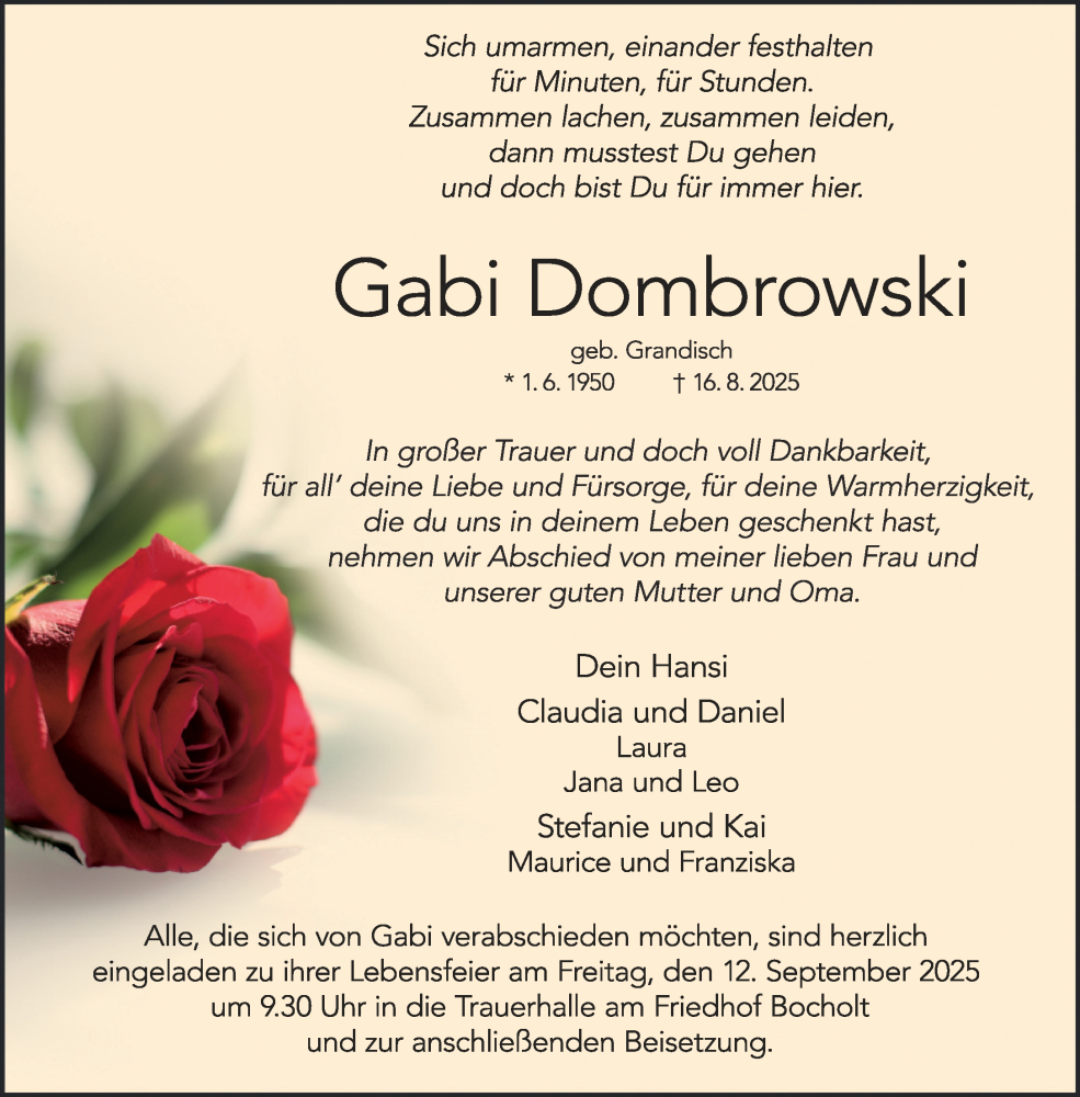  Traueranzeige für Gabi Dombrowski vom 30.08.2025 aus 
