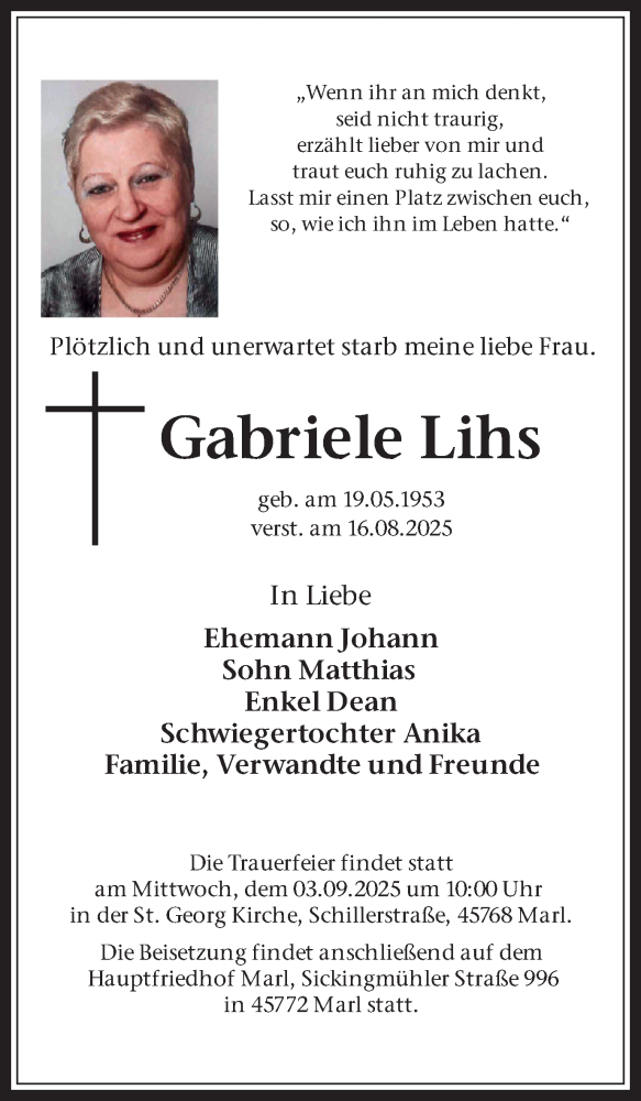  Traueranzeige für Gabriele Lihs vom 30.08.2025 aus Trauer Vest