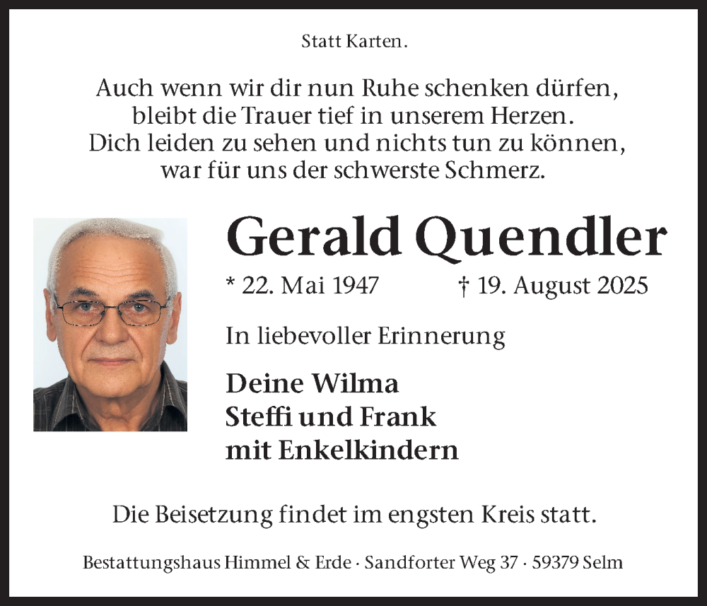  Traueranzeige für Gerald Quendler vom 30.08.2025 aus Ruhr Nachrichten