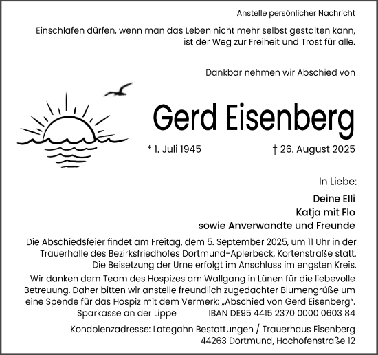 Traueranzeige von Gerd Eisenberg von Ruhr Nachrichten