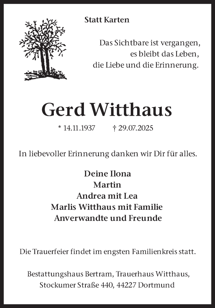  Traueranzeige für Gerd Witthaus vom 02.08.2025 aus Ruhr Nachrichten