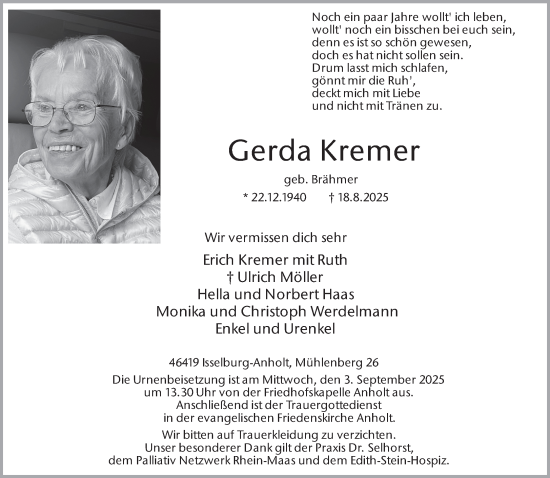Traueranzeige von Gerda Kremer 