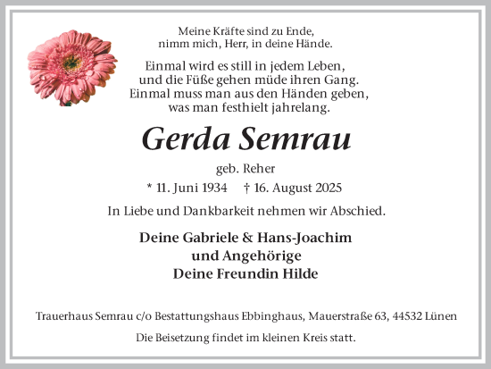 Traueranzeige von Gerda Semrau von Ruhr Nachrichten