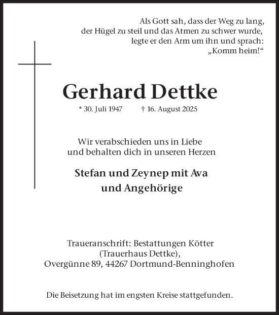 Traueranzeige von Gerhard Dettke von Ruhr Nachrichten