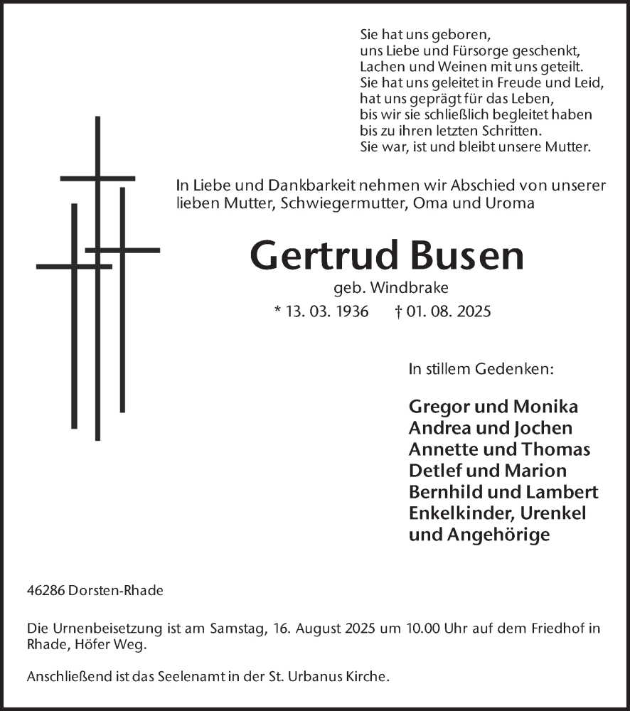  Traueranzeige für Gertrud Busen vom 09.08.2025 aus Ruhr Nachrichten und Dorstener Zeitung