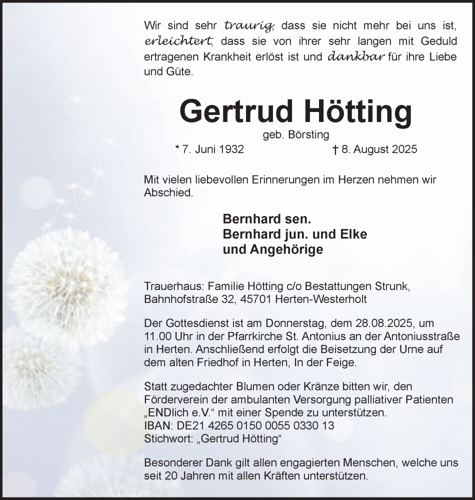  Traueranzeige für Gertrud Hötting vom 22.08.2025 aus Trauer Vest