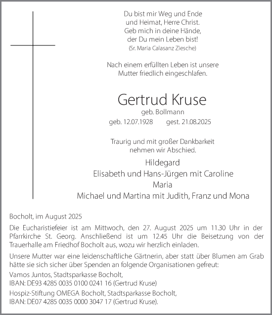 Traueranzeige von Gertrud Kruse 
