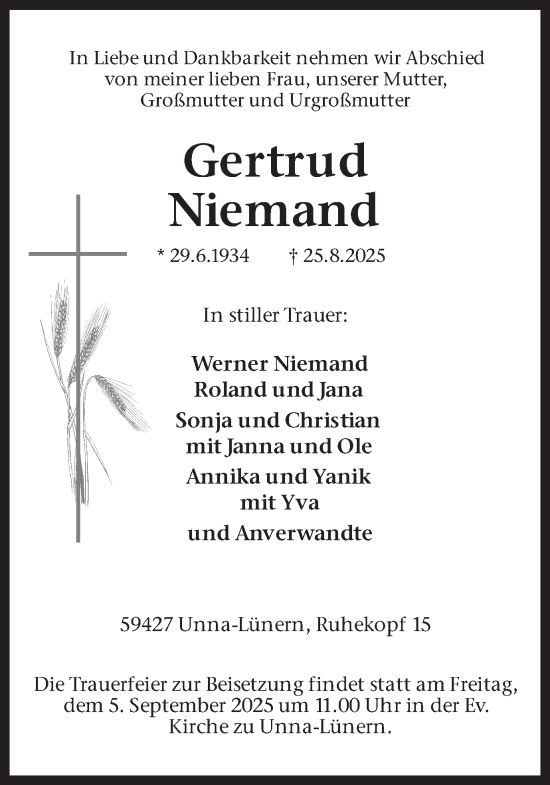 Traueranzeige von Gertrud Niemand von Hellweger Anzeiger