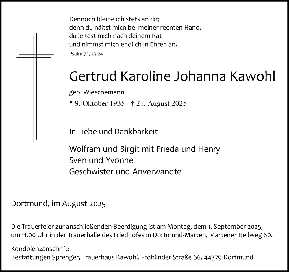  Traueranzeige für Gertrud Karoline Johanna Kawohl vom 23.08.2025 aus Ruhr Nachrichten