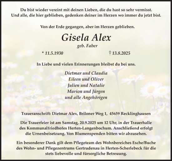 Traueranzeige von Gisela Alex von Trauer Vest