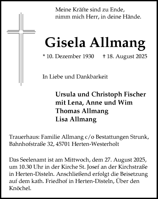 Traueranzeige von Gisela Allmang von Trauer Vest