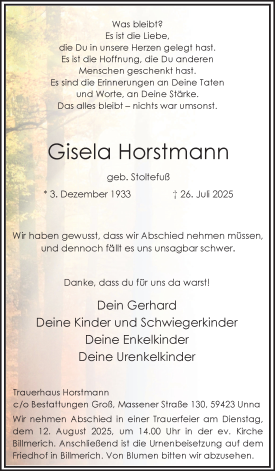 Traueranzeige von Gisela Horstmann von Hellweger Anzeiger