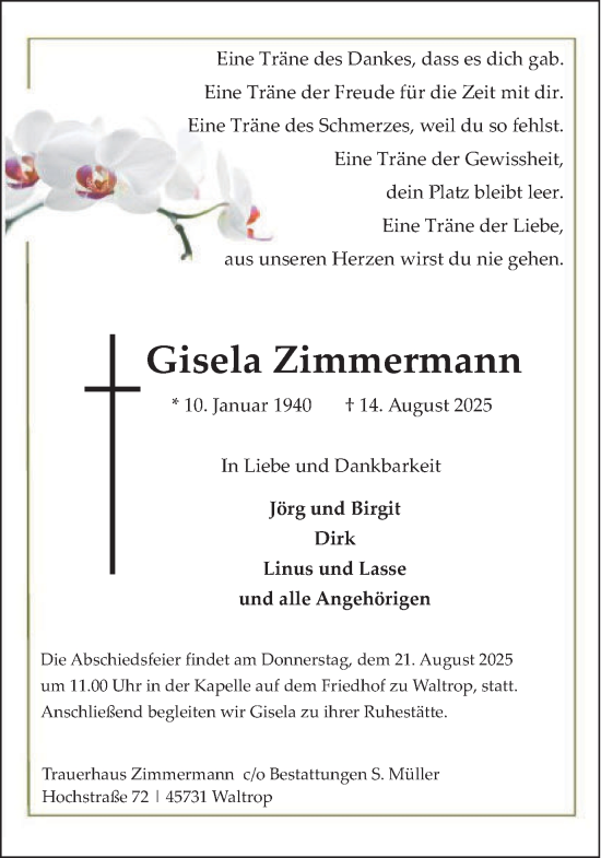 Traueranzeige von Gisela Zimmermann von Trauer Vest