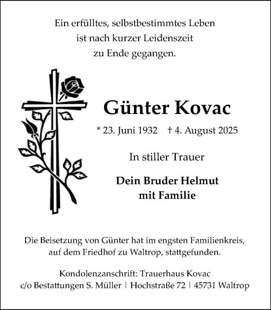 Traueranzeige von Günter Kovac von Trauer Vest