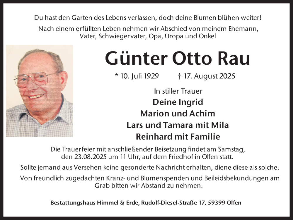  Traueranzeige für Günter Otto Rau vom 21.08.2025 aus Ruhr Nachrichten