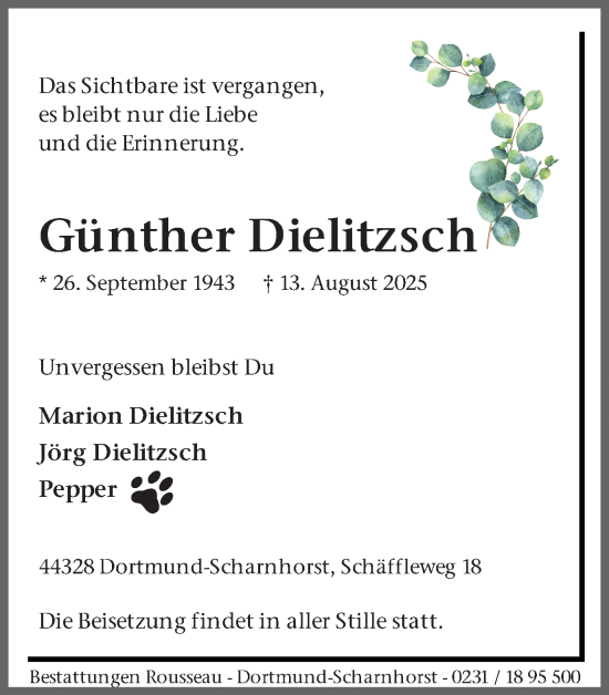 Traueranzeige von Günther Dielitzsch von Ruhr Nachrichten