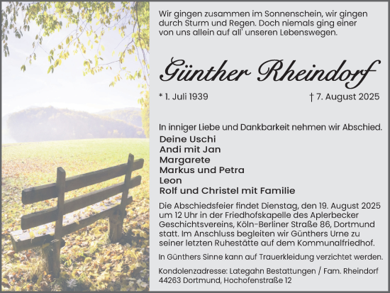 Traueranzeige von Günther Rheindorf von Ruhr Nachrichten
