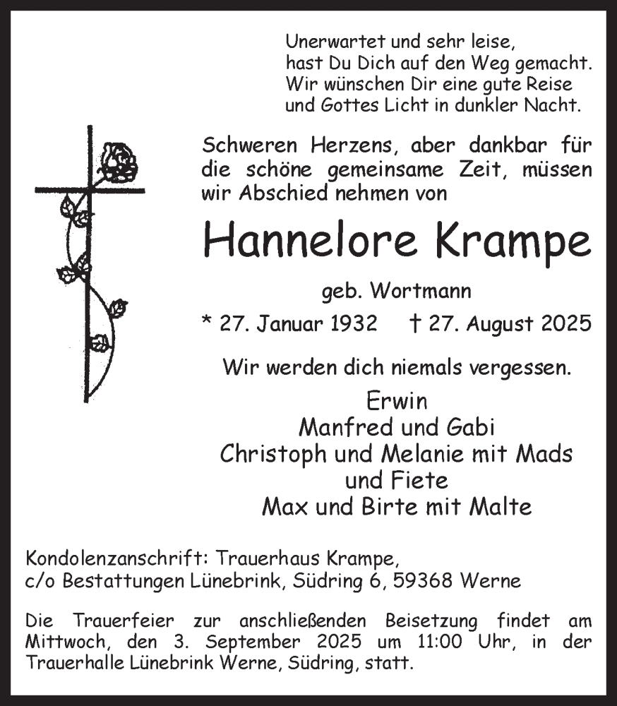  Traueranzeige für Hannelore Krampe vom 30.08.2025 aus Ruhr Nachrichten