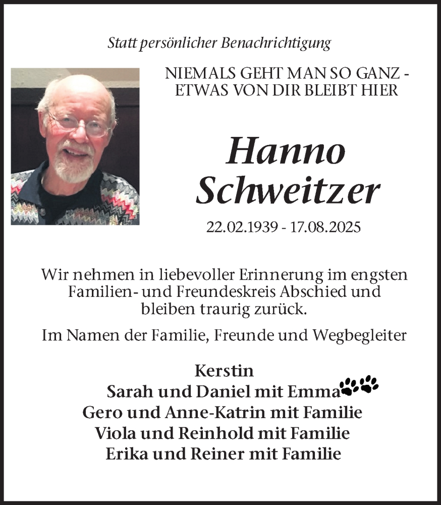  Traueranzeige für Hanno Schweitzer vom 23.08.2025 aus Ruhr Nachrichten