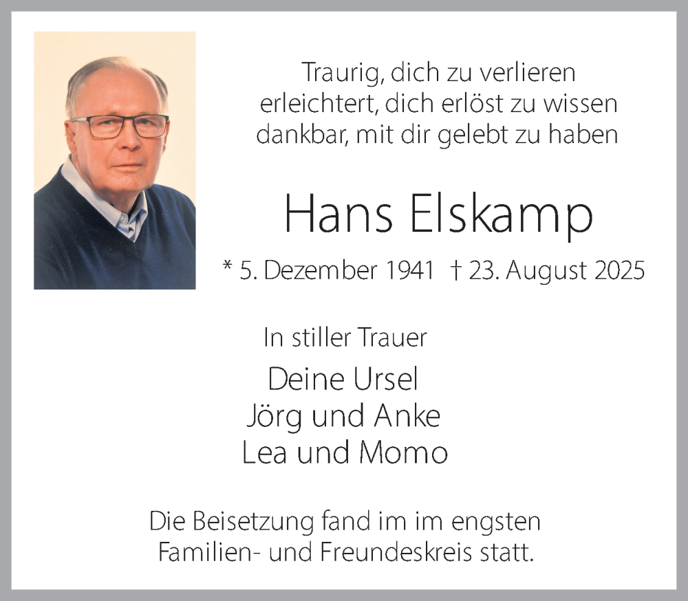  Traueranzeige für Hans Elskamp vom 30.08.2025 aus 