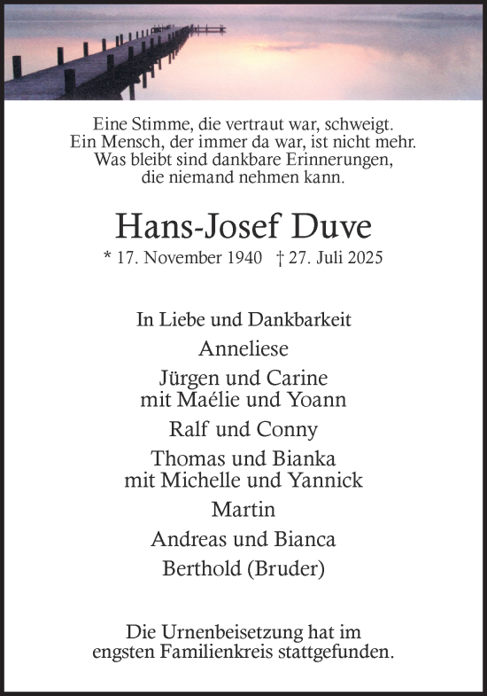 Traueranzeige von Hans-Josef Duve von Ruhr Nachrichten und Dorstener Zeitung