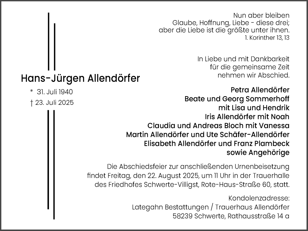  Traueranzeige für Hans-Jürgen Allendörfer vom 02.08.2025 aus Ruhr Nachrichten