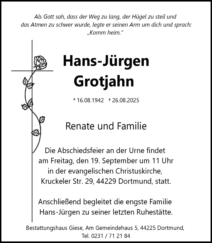  Traueranzeige für Hans-Jürgen Grotjahn vom 30.08.2025 aus Ruhr Nachrichten