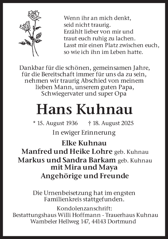 Traueranzeige von Hans Kuhnau von Ruhr Nachrichten
