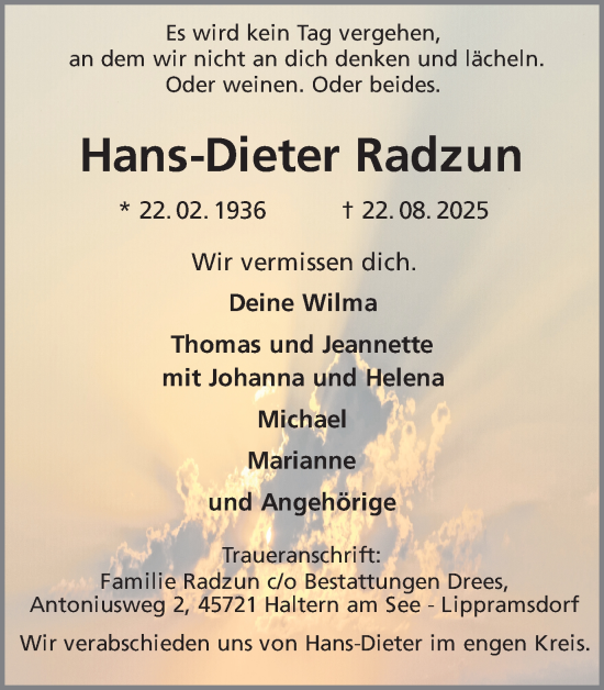 Traueranzeige von Hans Dieter Radzun von Ruhr Nachrichten und Halterner Zeitung