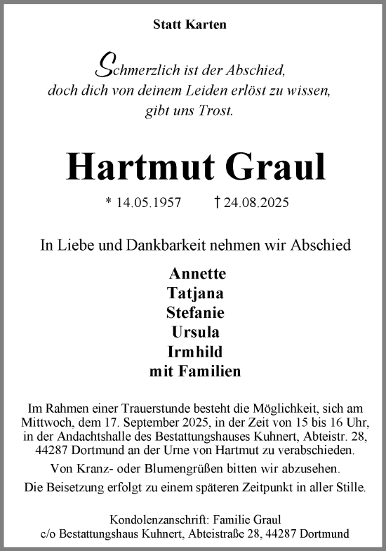 Traueranzeige von Hartmut Graul von Ruhr Nachrichten