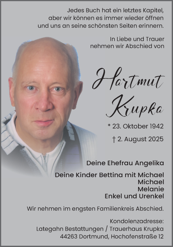 Traueranzeige von Hartmut Krupka von Ruhr Nachrichten